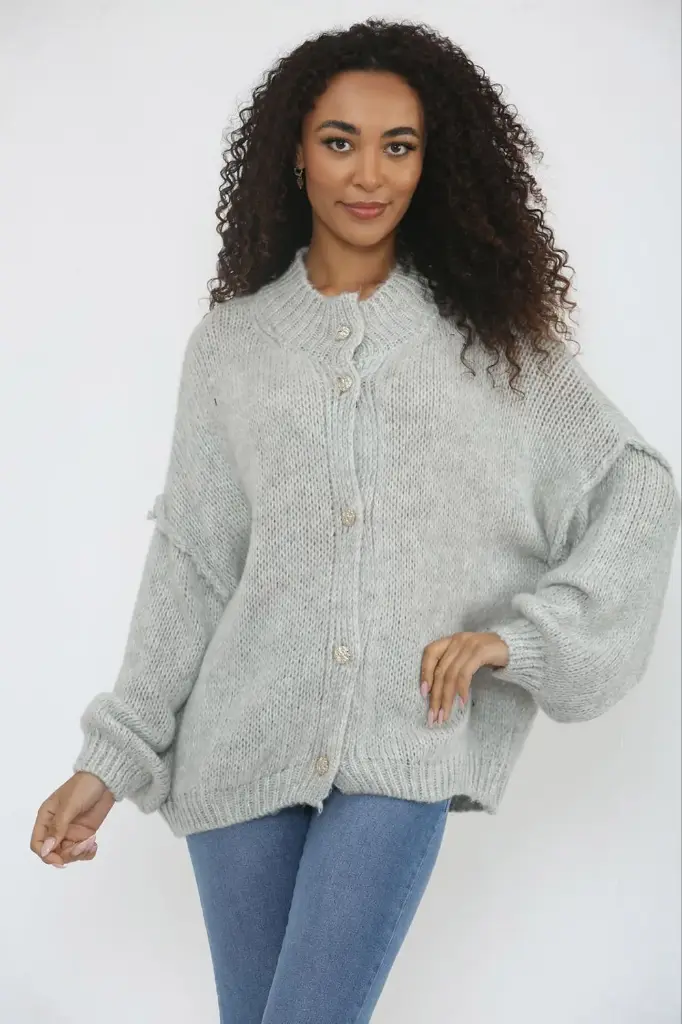 High Neck, Golden Button Through, Acrylic & Polymide Knitted Cardigan (Sky Blue)