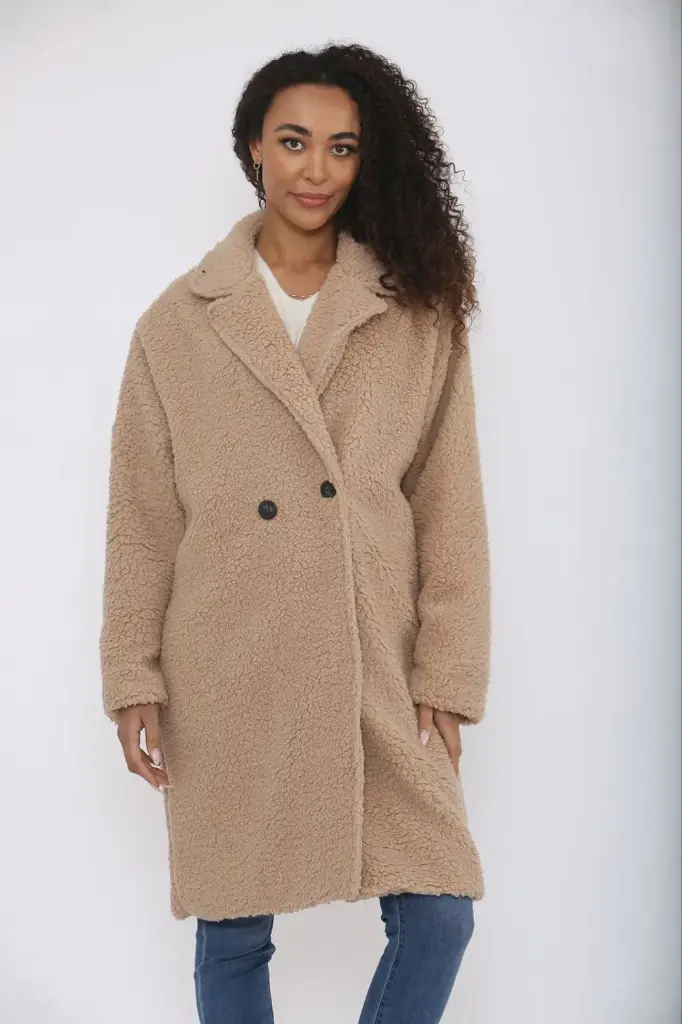 Button Detailed, Two Pocket Teddy Coat (Brown)