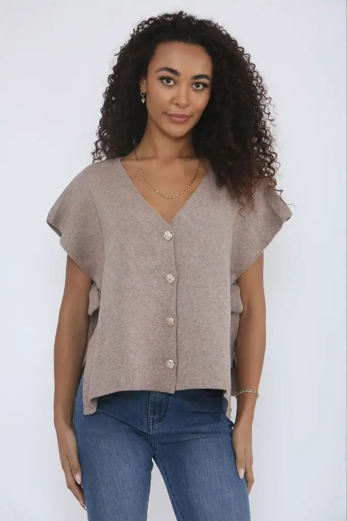 V-Neck, Button Through, Side Tie & Split Detailed, Viscose Nylon & PBT Knitted Top (Brown)