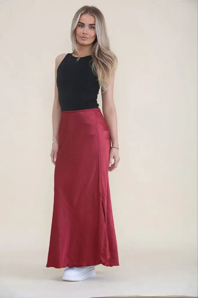 Elasticated Lace Trim Waist Satin Skirt (Khaki)