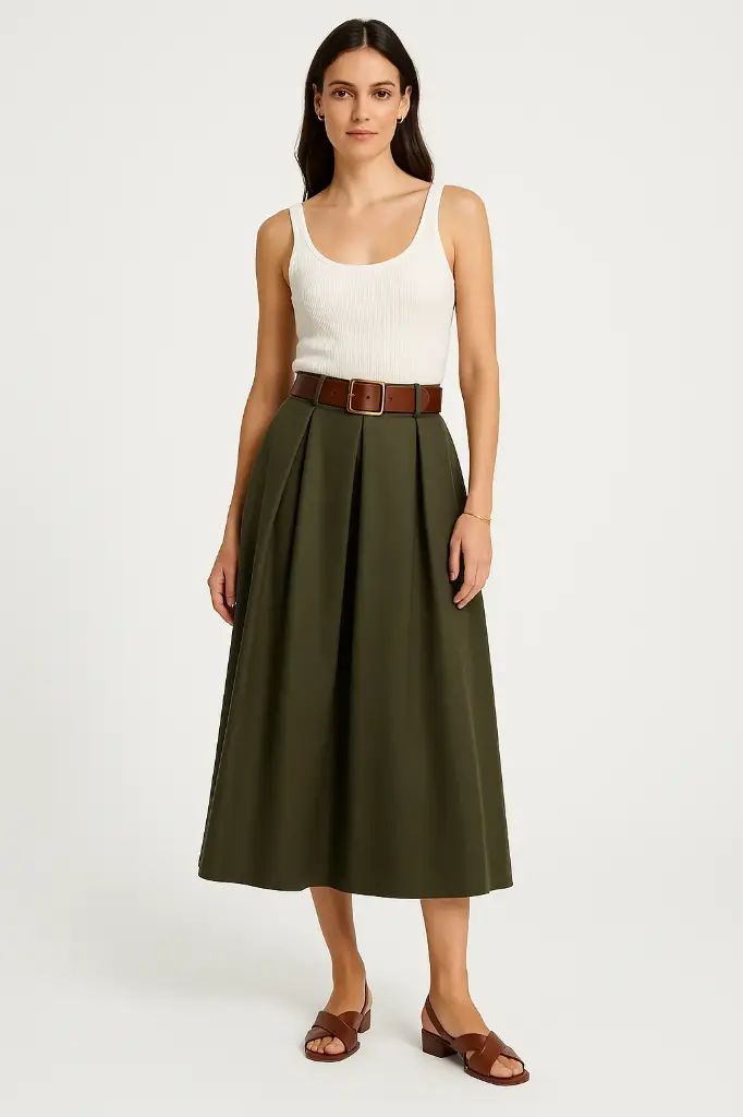 Elasticated Waist, Two Pocket PU Skirt with Belt (Khaki)