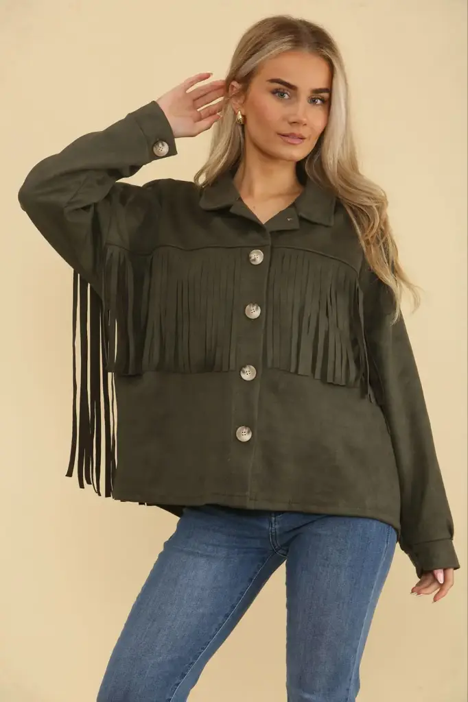 Tessel Detailed, Suede Jacket (Khaki)