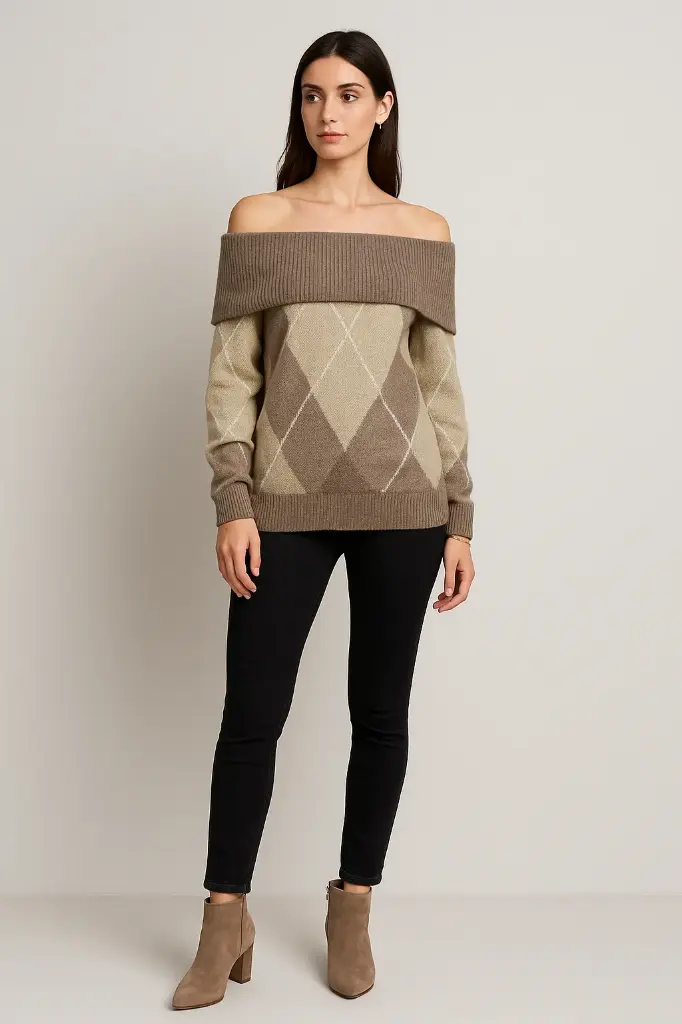 Off-shoulder argyle knit — soft tones, chic neckline