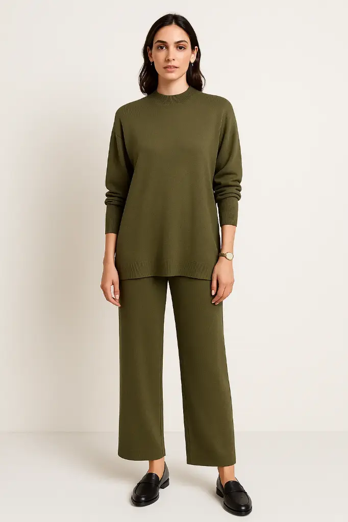 High Neck, Side Split Hem, Elasticated Waist, Viscose & Polymide Knitted, Wide Leg Two Piece Set (Khaki)