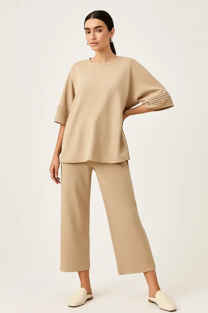 Round Neck, Lurex Stripe Detailed, Elasticated Waist, Drawstring Detailed, Wide Leg Two Piece Set (Khaki)