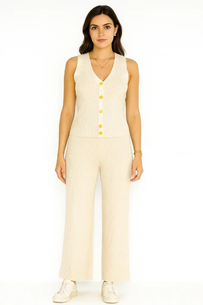 V-Neck, Button Through, Elasticated Waist, Viscose Knitted, Ribbed Wide Leg Two Piece Waistcoat Se (Grey)