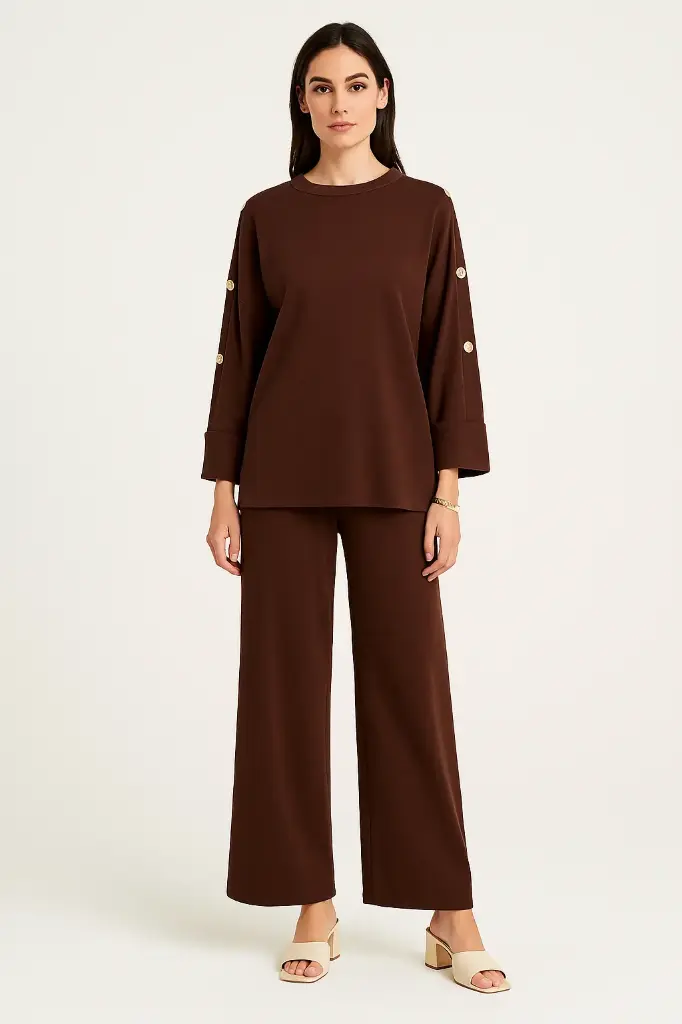 [2585 607] Oversized , long-sleeve Co ords with wide-legged pants & metallic buttons details (Grey)
