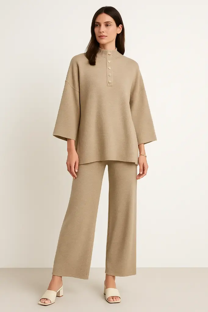 High Neck, Golden Button Deatiled, Elasticated Waist, Wide Leg Two Piece Set (Brown)