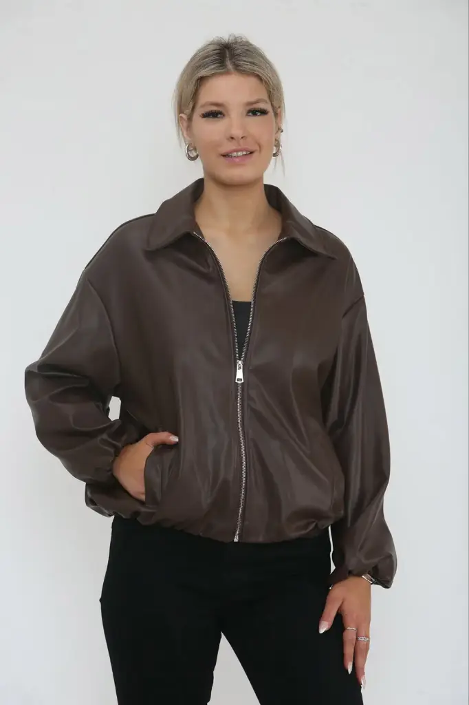 Zip Through, Elasticated Cuff & Hem, Two Pocket PU Bomber Jacket. (Khaki)