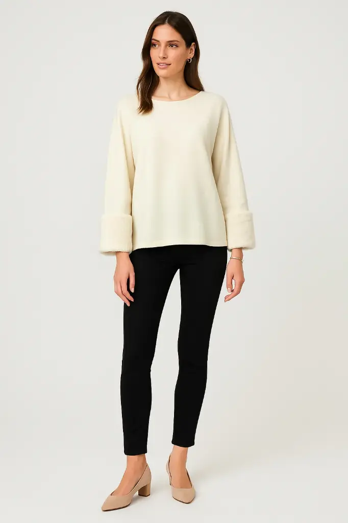  Luxe top — soft-touch fabric with plush faux fur cuffs for an elegant winter finish. (Grey)