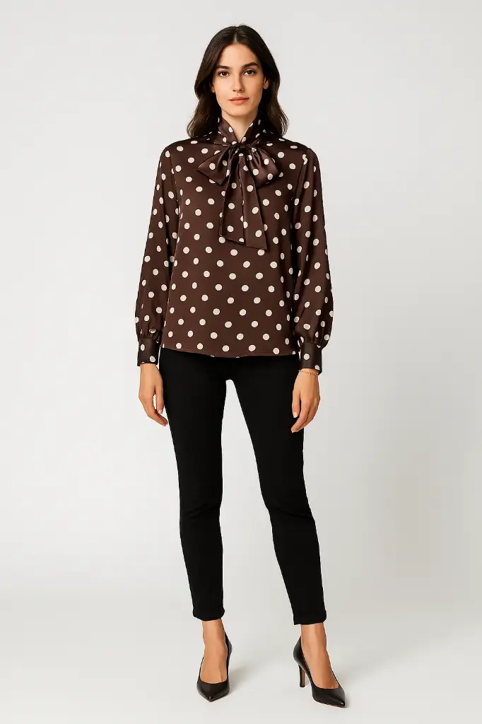 Polka dot bow blouse — silky shine with a bold necktie