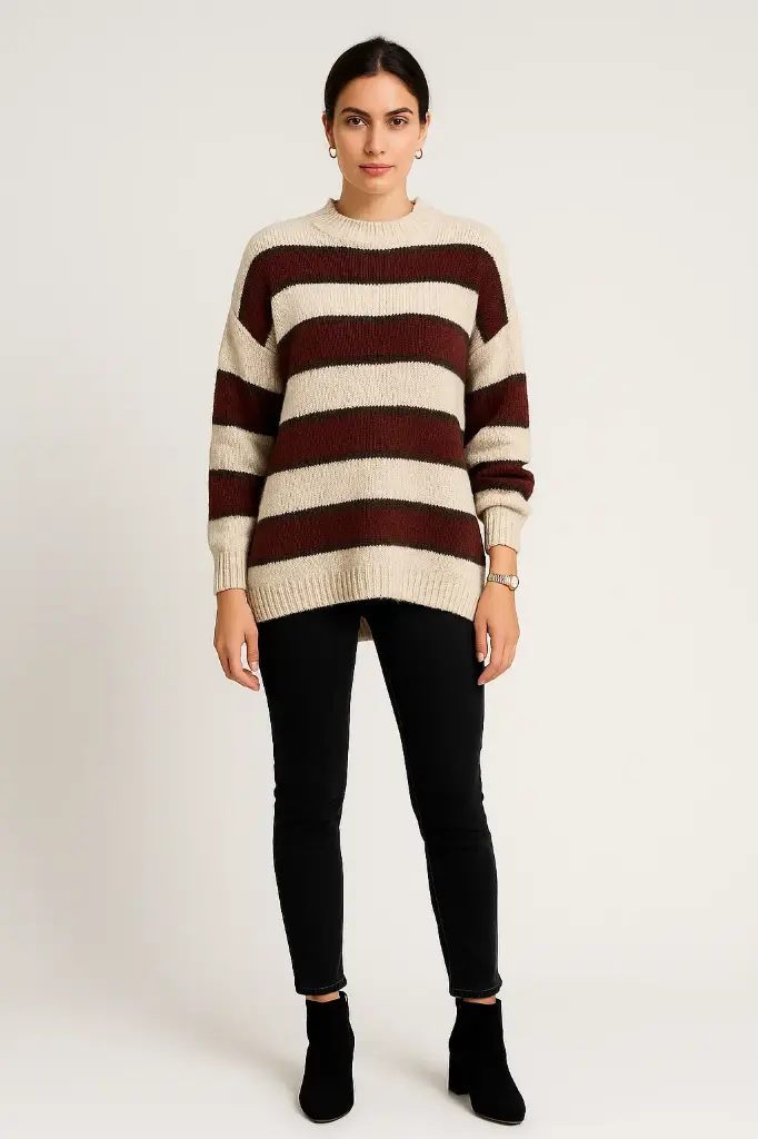 Long sleeves , dropped shoulders , striped knited jumper (Brown)