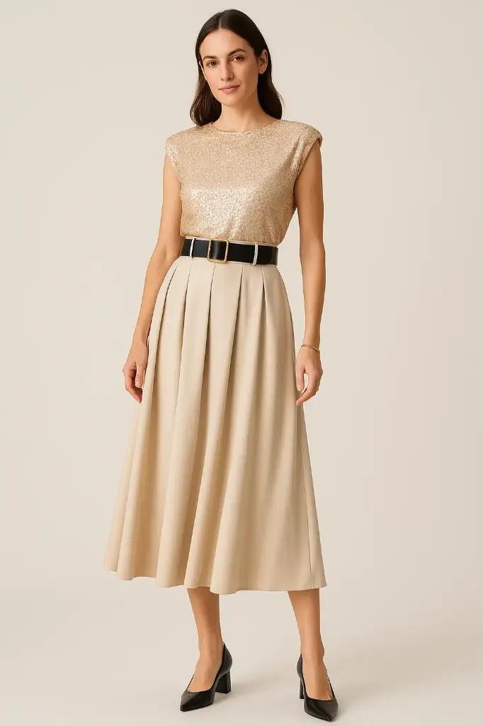Champagne shimmer top with pleated midi skirt