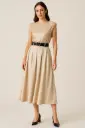 Champagne shimmer top with pleated midi skirt