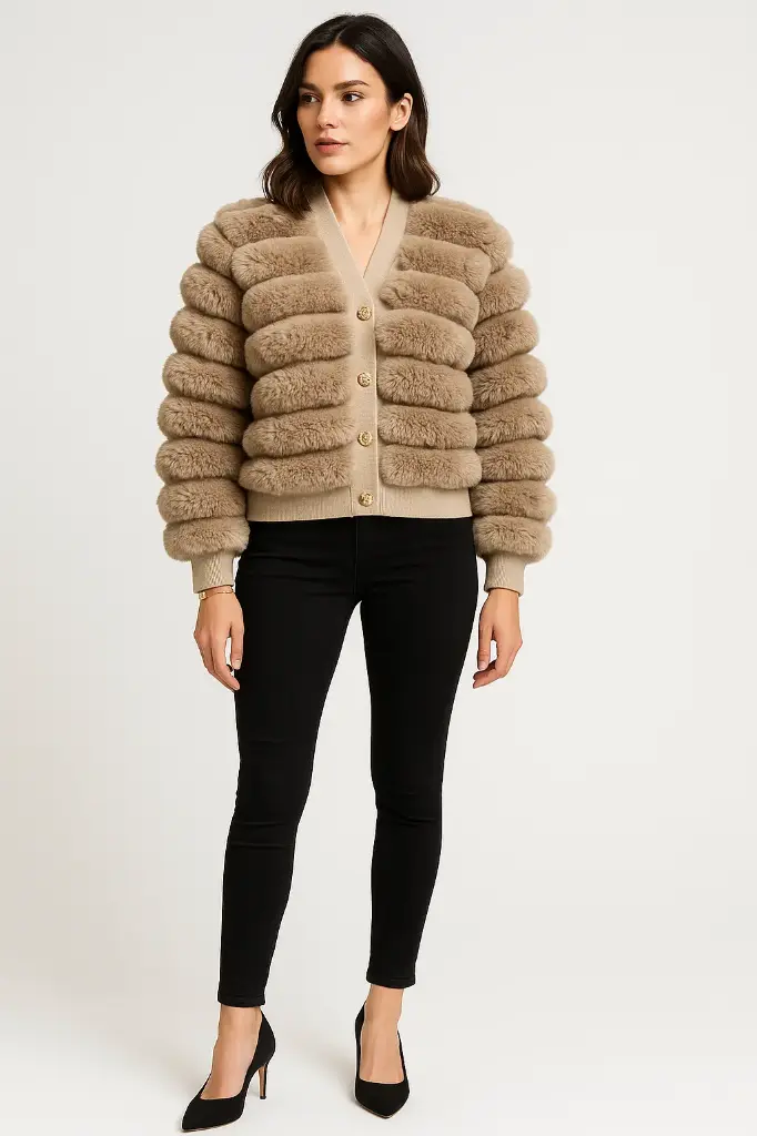 Gold Button Detail Fur Jacket (Brown, SM)