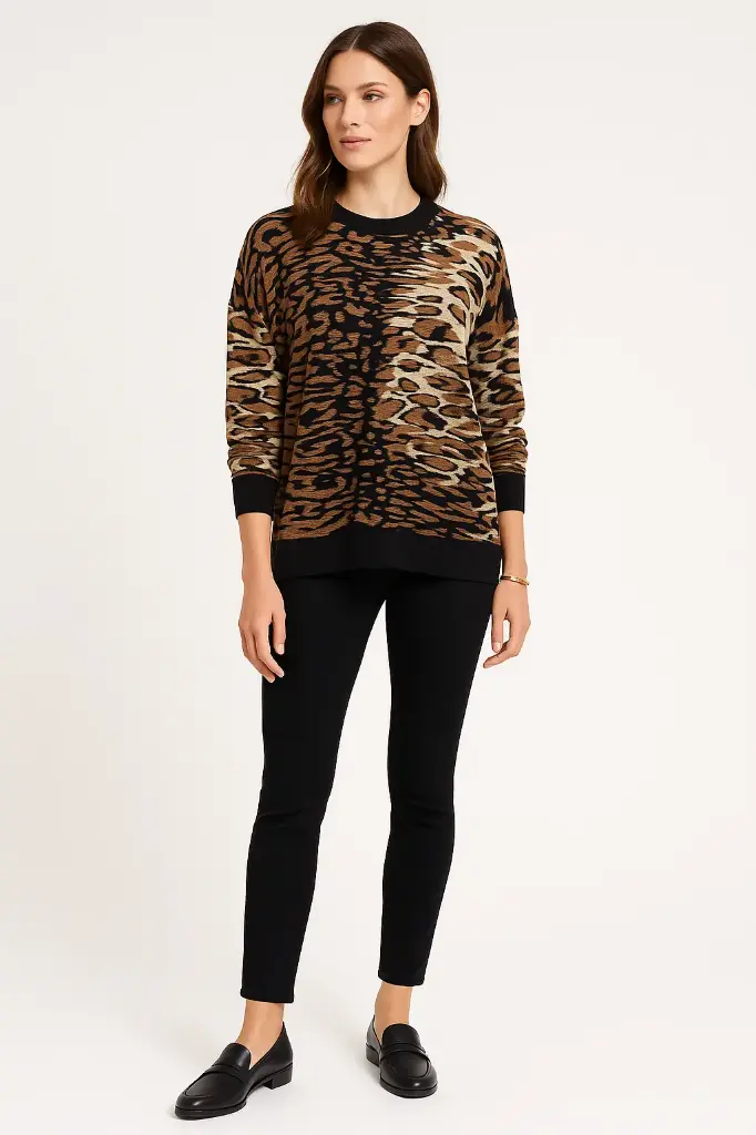 Round Neck, Leopard Print Knitted Jumper.