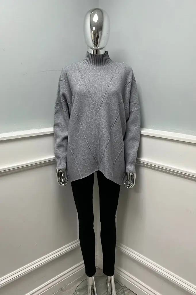 Ribbed High Neck And Ribbed Cuff Detailed, Viscose, Modal & Polymide Knitted Jumper (Grey)