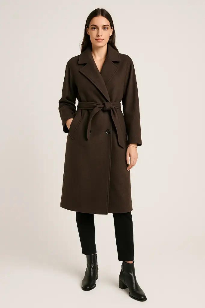 Wool-Blend Belted Long Coat (Brown)