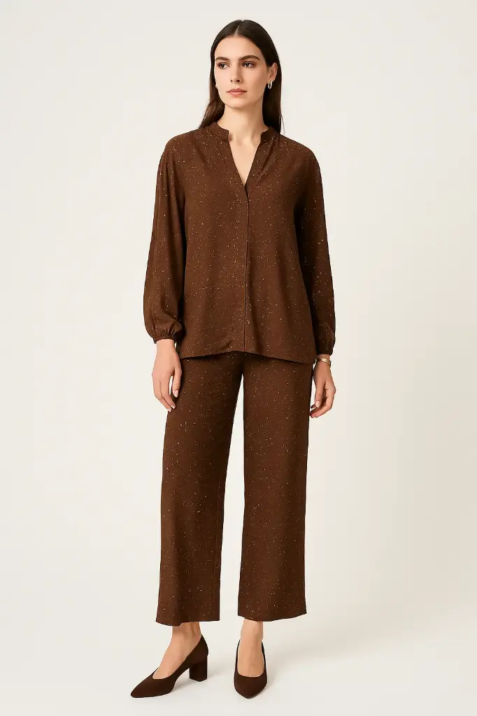 V-Neck, Elasticated Cuff, Lurex Detailed, Elasticated Waist, Drawstring Detailed, Two Pocket Wide Leg Set