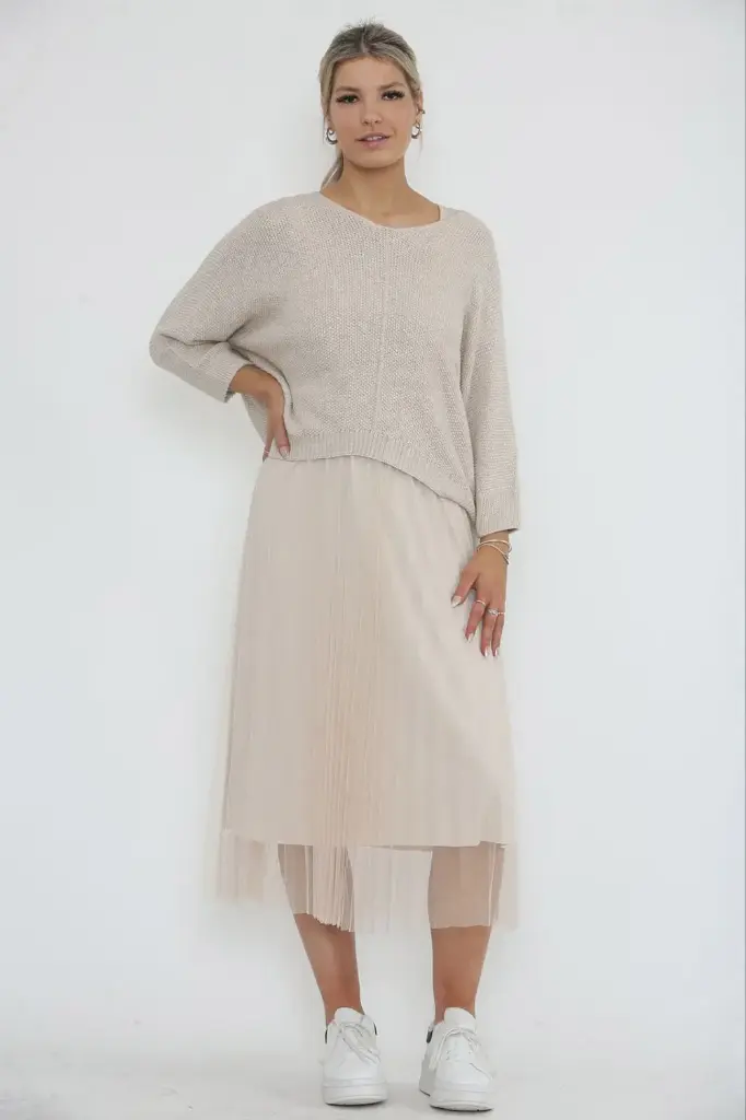 Round Neck, Batwing Top, Sleeveless Mesh Dress Two Piece Set