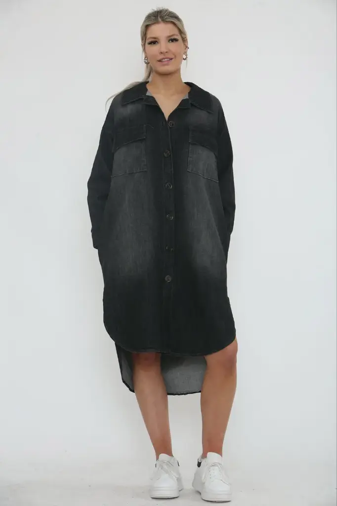 [20206] Collared, Button Through, Four Pocket Stretchy Washed Denim Dress.