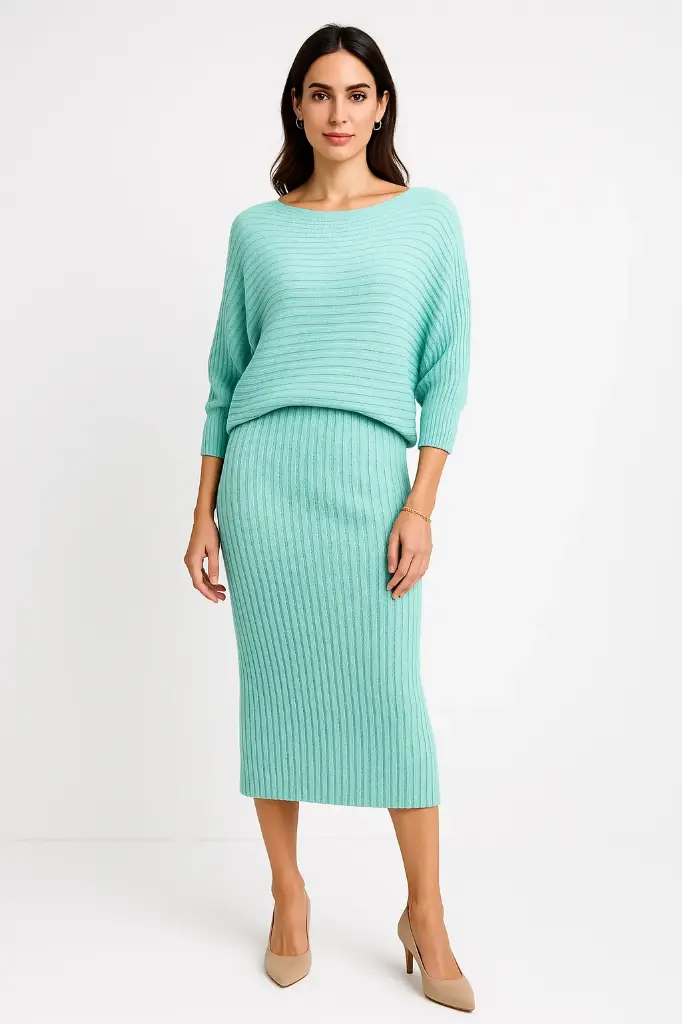 Round Neck Batwing, V Front & Back, Side Split, Ribbed Two Piece Set (Baby Pink)