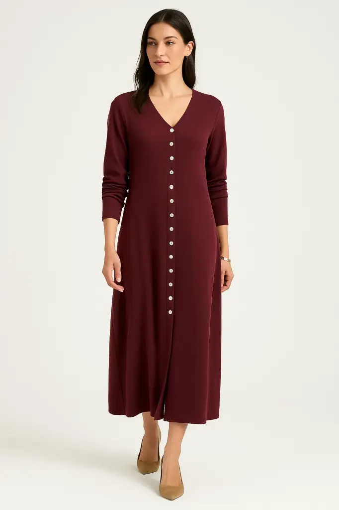 V-Neck, Button Detailed, Viscose Knitted, Front Split Dress (Brown)