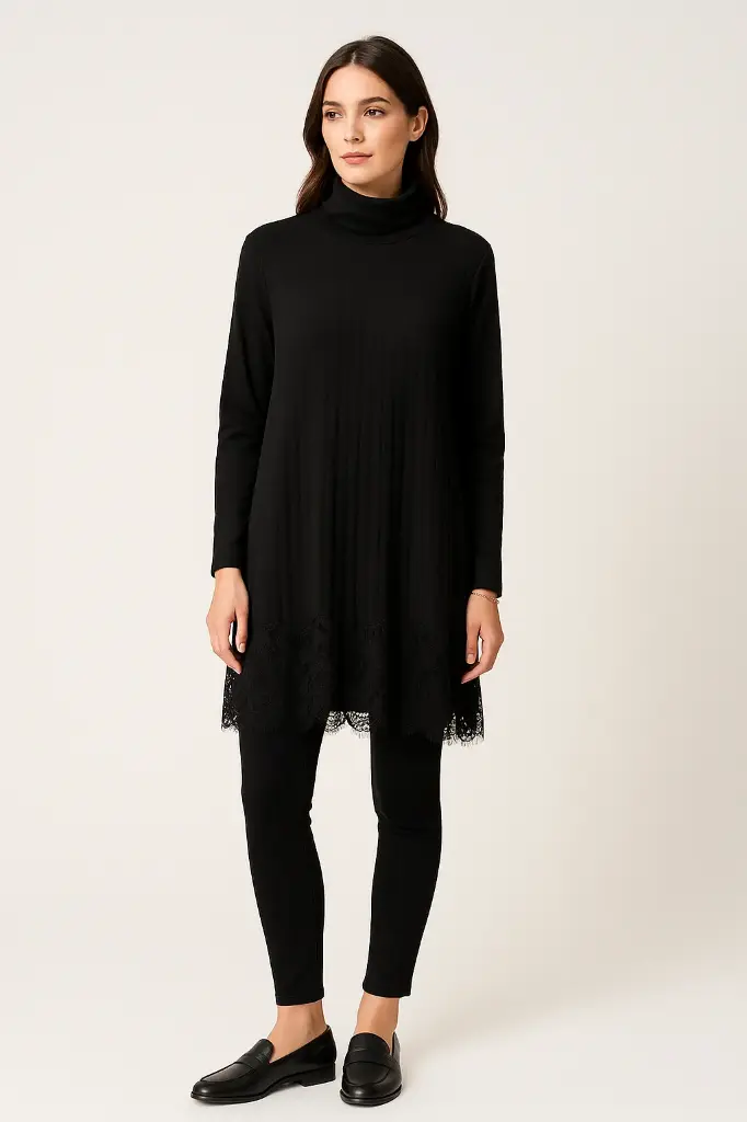 Roll Neck ,Pleated Lace Hem Detailed Dress (Grey)