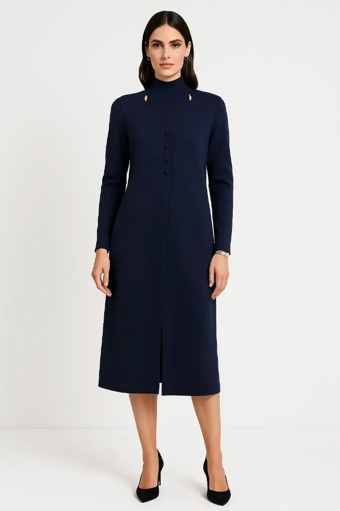 midi dress with button detailing and a high-neck cutout design