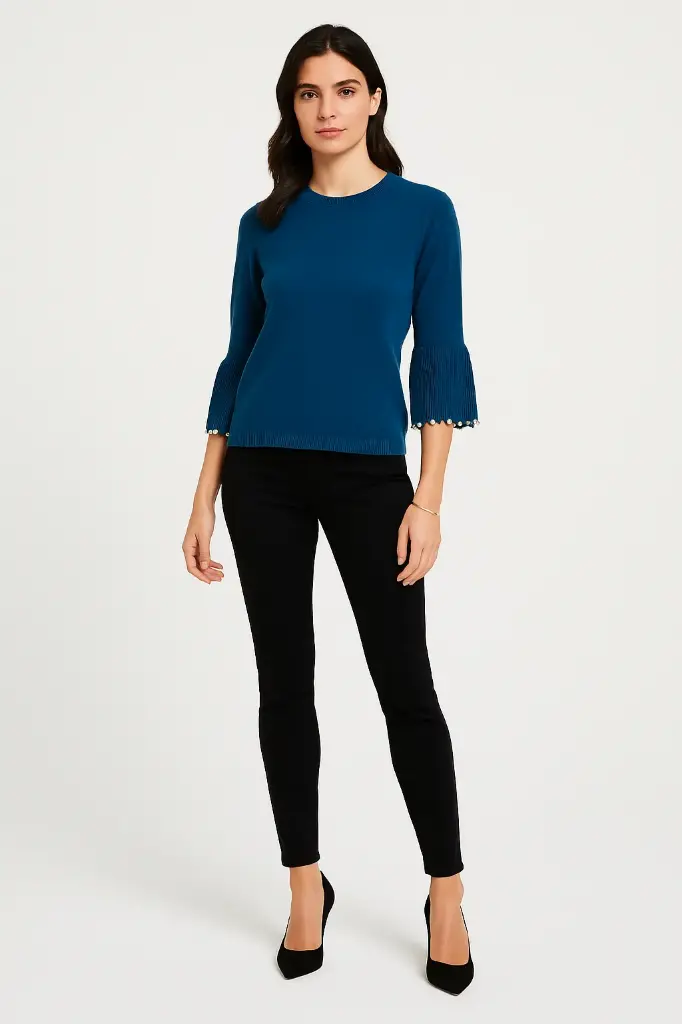 Knitted Jumper with statement flared sleeves detailed with pearl trims