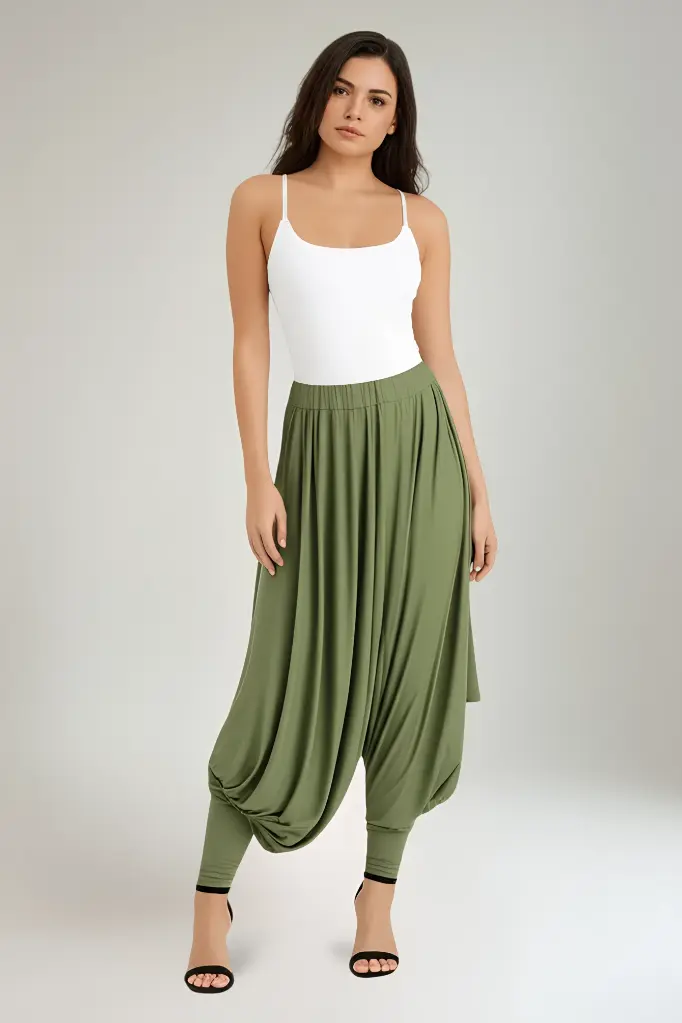 Elasticated Waist & Cuff, Two Pocket Viscose Hareem Trouser (Khaki)