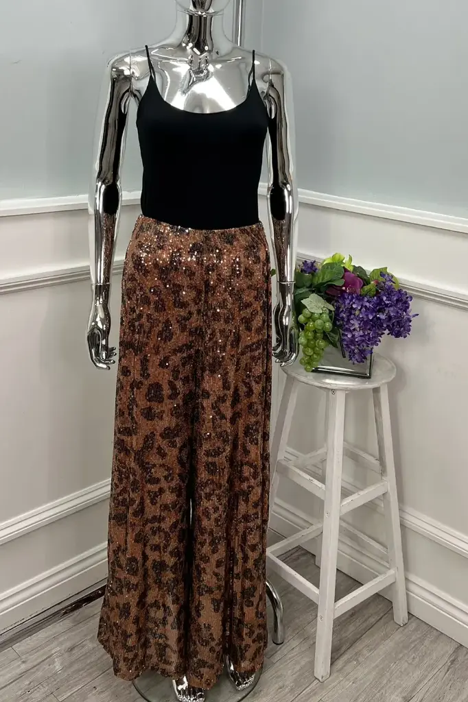Elasticated Waist, Sequin Printed Wide Leg Trouser (Rust)