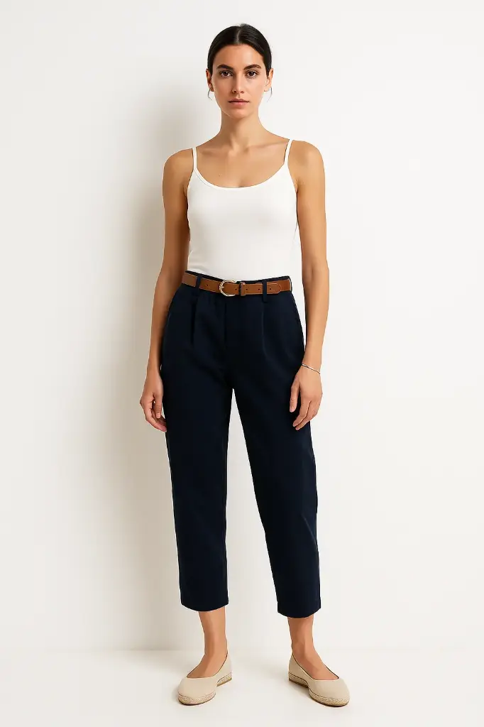 Elasticated Waist, Belt Detailed, Two Pocket Stretchy Trouser. (Khaki)