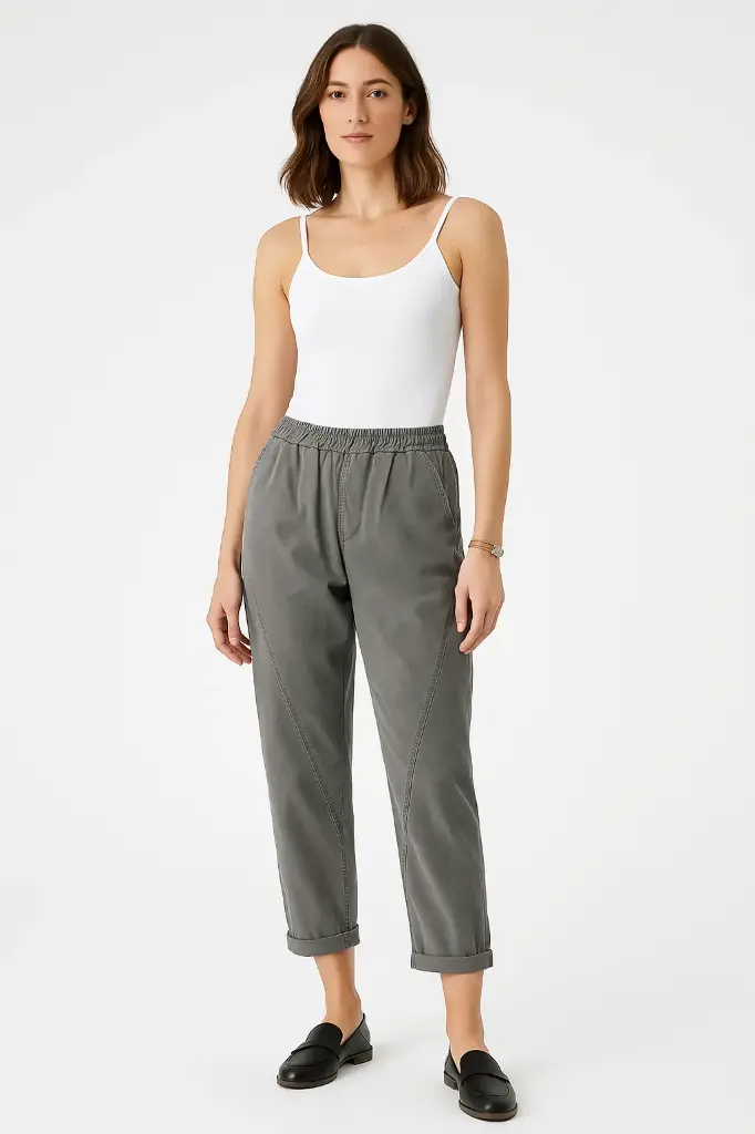 Elasticated Waist, Stretchy Two Pocket Stone Washed Trouser (Khaki)