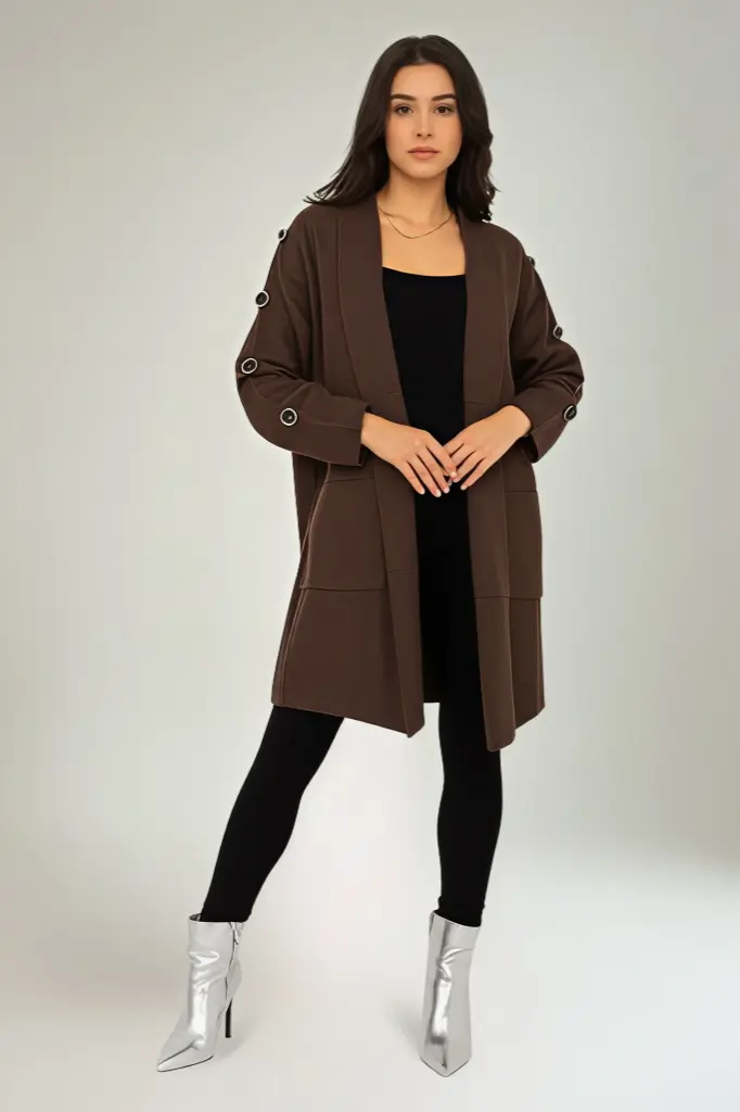 Button Detailed Sleeve, Viscose, Nylon & Modal Knitted, Two Pocket Cardigan (Khaki)
