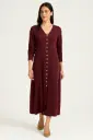 V-Neck, Button Detailed, Viscose Knitted, Front Split Dress